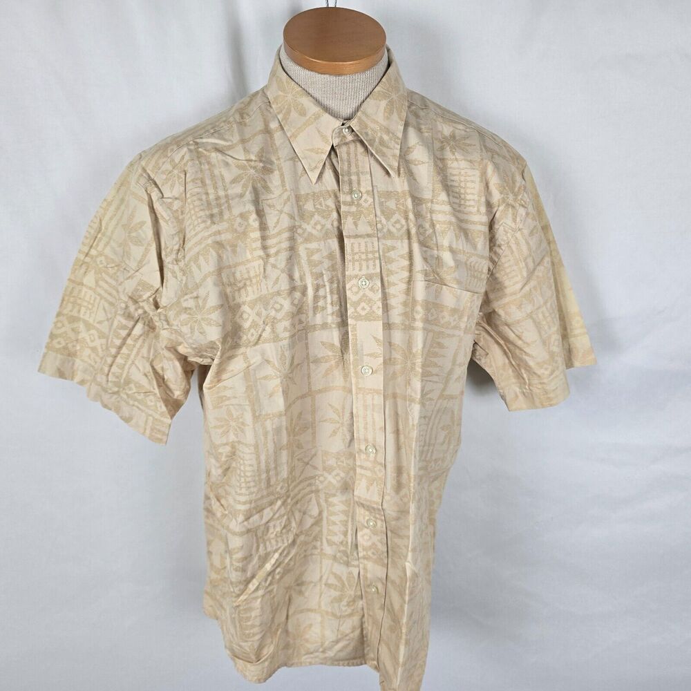 Natural Issue Button Down Shirt Men's L Tan Cream Hawaiian Geo Short Sleeve